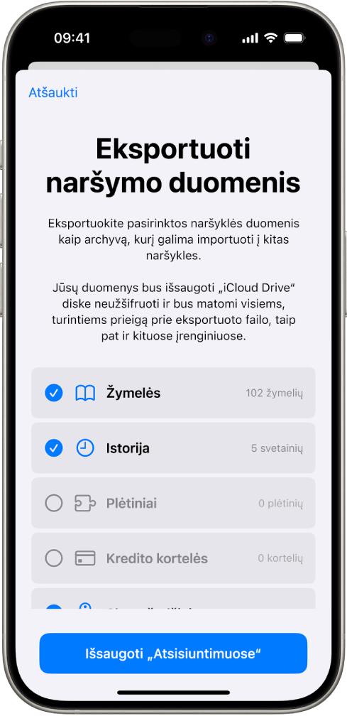Ekrane „Naršymo duomenų eksportavimas“ rodomi duomenys, kuriuos galite eksportuoti iš „Safari“ į kitą naršyklę.