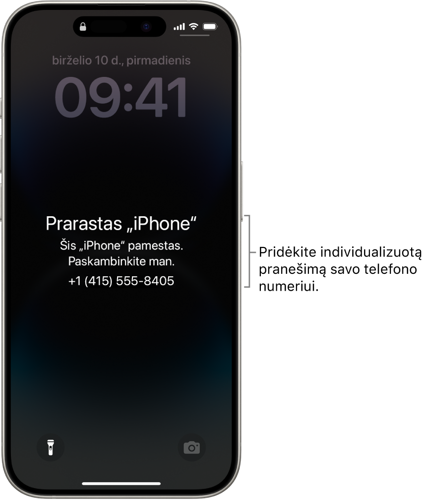 „iPhone“ užrakintas ekranas su prarasto „iPhone“ pranešimu. Galite įvesti pasirinktinį pranešimą su savo telefono numeriu.