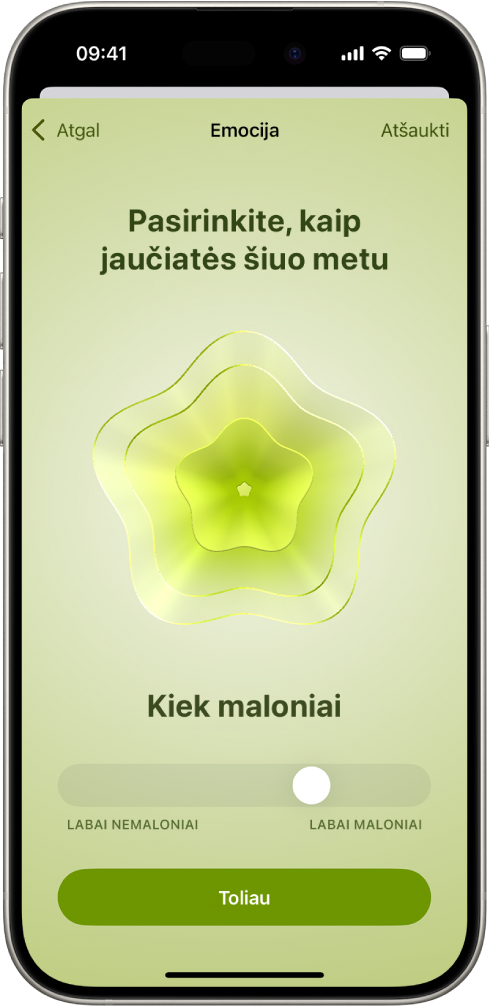 Programos „Sveikata“ ekranas, kuriame dabartinė nuotaika įvardijama kaip šiek tiek maloni. Ekrano apačioje yra slankiklis emocijos lygiui koreguoti.