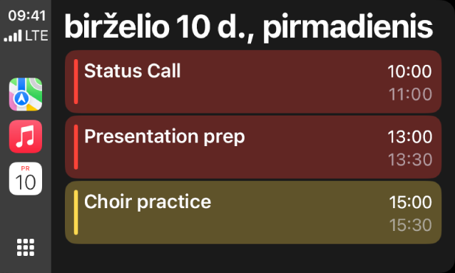 „CarPlay“ šoninėje juostoje rodoma „Žemėlapiai“, „Muzika“ ir „Kalendorius“. Dešinėje – birželio 5 d., pirmadienio, renginiai, skirti darbo su portfeliu sesijai, lyderystės įgūdžių seminarui, pasiruošimui pristatymui ir choro repeticijai.