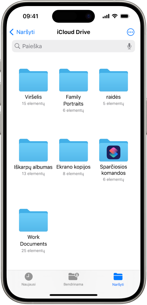 Programoje „Failai“ rodomi keli „iCloud Drive“ aplankai pavadinimais „Meno kūriniai“, „Šeimos portretai“, „Laiškai“, „Iškarpos“, „Ekrano kopijos“, „Sparčiosios komandos“ ir „Darbo dokumentai“. Ekrano apačioje yra failų „Naujausi“, failų „Bendrinama“ ir skirtuko „Naršyti“ mygtukai.