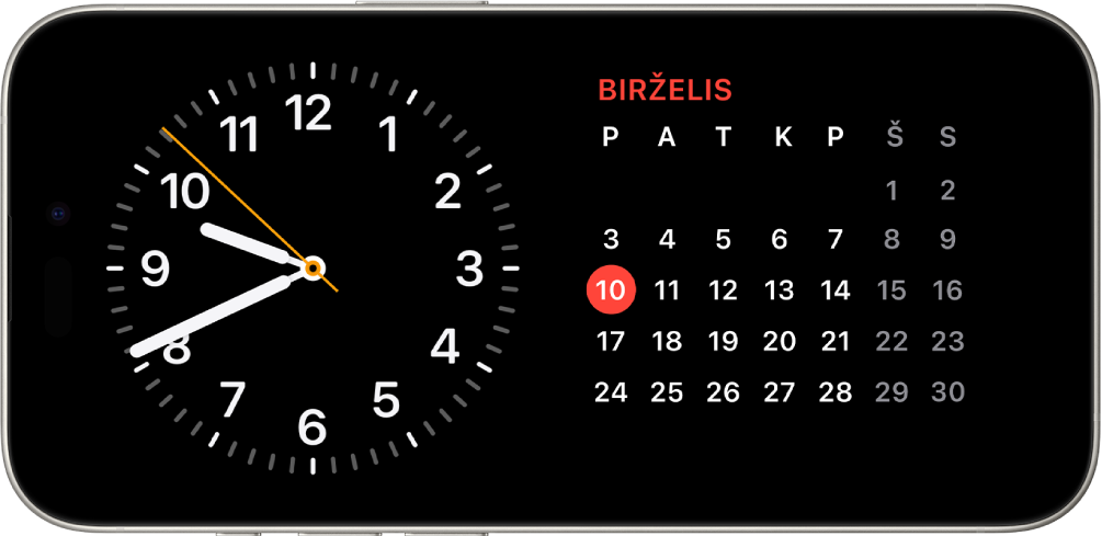 „iPhone“ pasuktas horizontaliai. Kairėje ekrano pusėje rodomas laikrodis, o dešinėje – data.