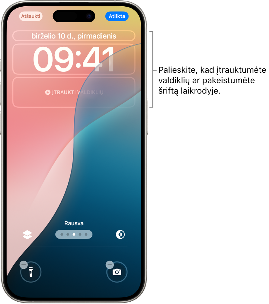 Redaguojamas pritaikytas užrakinimo ekranas. Elementai, kuriuos galima pritaikyti, – data, laikas ir valdiklių įtraukimo mygtukas.