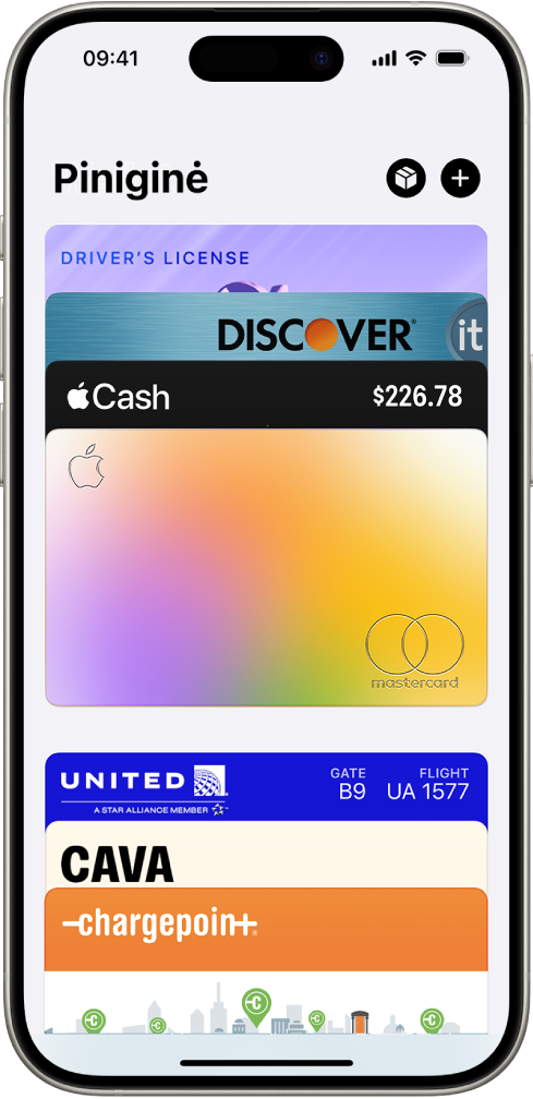 „Piniginė“ ekranas, kuriame matomos kelios kortelės ir bilietai.