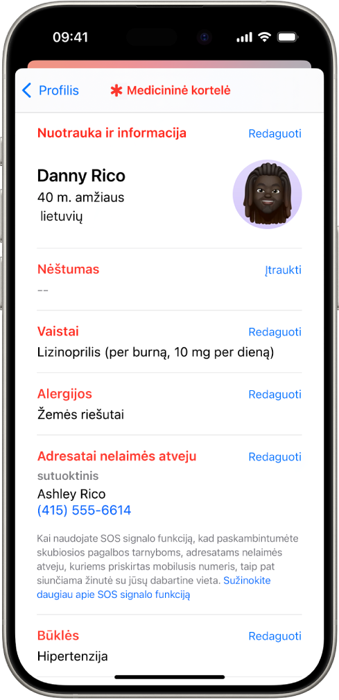 Ekranas „Medicininė kortelė“, kuriame yra informacija apie gimimo datą, vaistus, alergijas, kontaktinius asmenis nelaimės atveju ir sveikatos sutrikimus.
