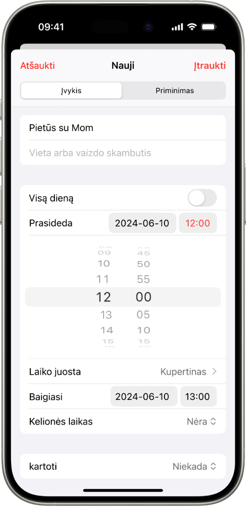 Kalendoriaus įvykis, kuriame rodomi įvykio laiko ir laiko juostos nustatymai.
