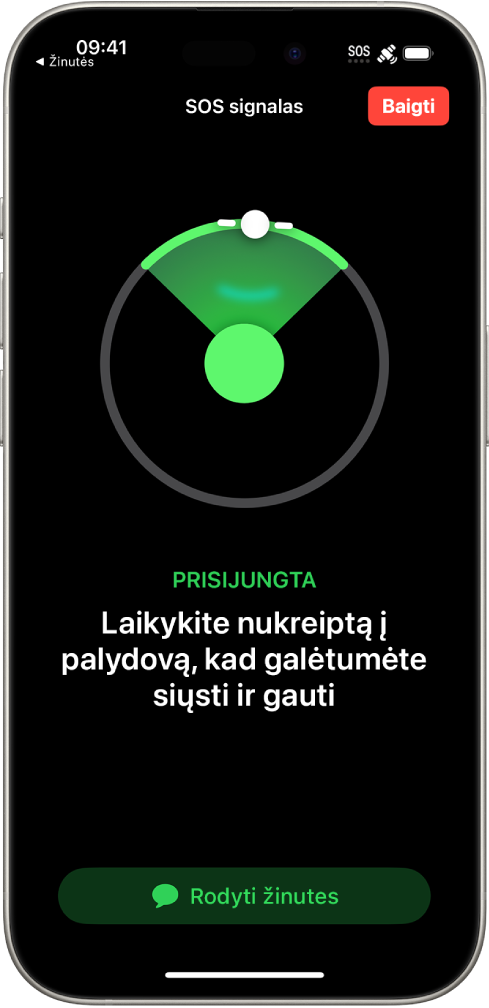 „SOS signalas“ ekrane rodoma, kad telefonas prijungtas, ir naudotojui nurodoma toliau laikyti nukreipus jį į palydovą. Ekrano apačioje yra mygtukas „Rodyti žinutes“.