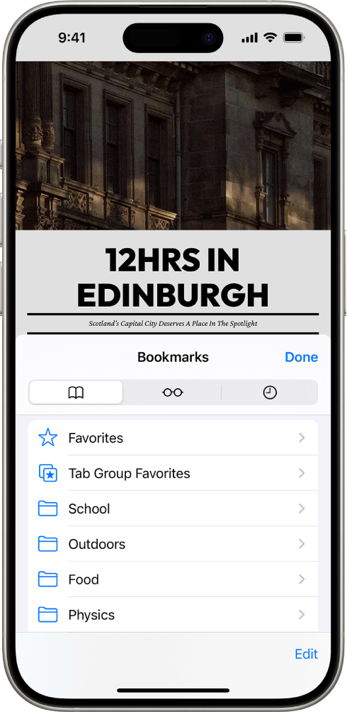 Ekrāns Bookmarks ar iespējām skatīt grāmatzīmes, sadaļu Reading List un pārlūkošanas vēsturi.
