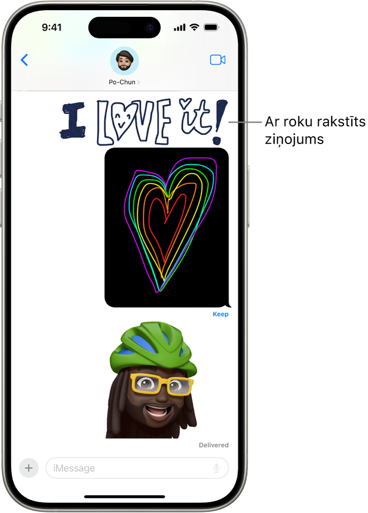 Lietotnes Messages saruna ar animācijas elementiem: rokraksta ziņojums, Digital Touch un animētu memoji.