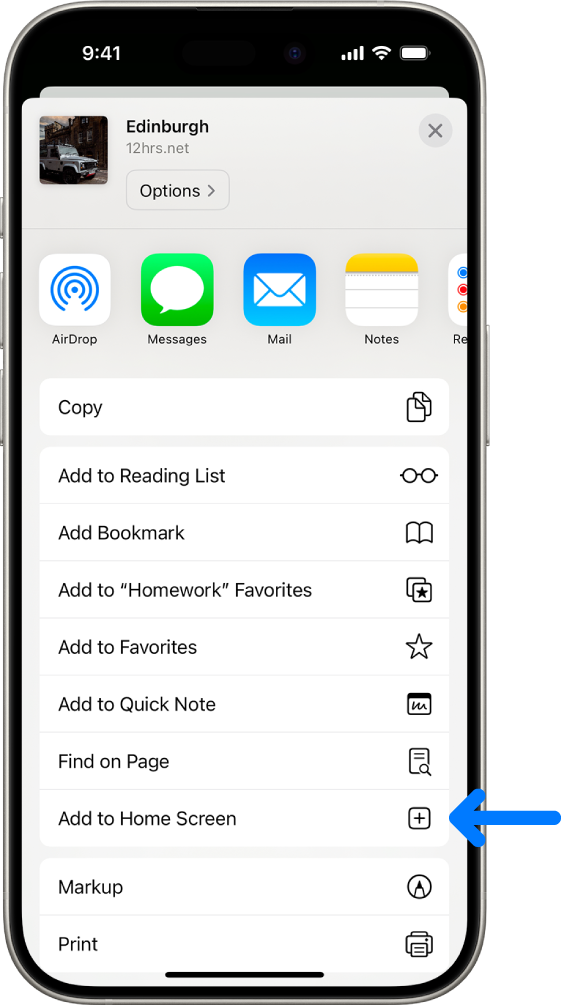 Lietotnē Safari tīmekļa vietnē ir nospiesta poga Share un redzams saraksts ar opcijām, tostarp Add to Home Screen.