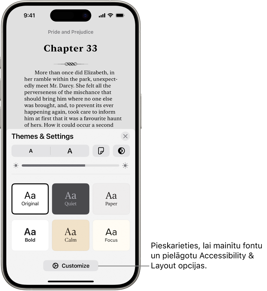 Grāmatas lappuses lietotnē Books. Opcijas Themes un Settings, kurā redzami vadības elementi fonta lielumam, ritināšanas skatam, lapas pāršķiršanas stilam, spilgtumam un fontu stilam.