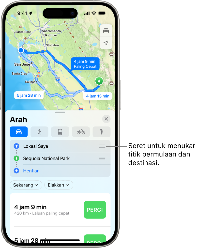 Peta dengan beberapa laluan berkemungkinan untuk arah memandu antara Lokasi Saya dan destinasi.