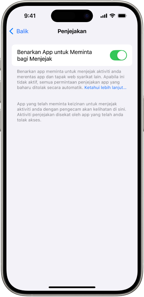 Skrin Penjejakan, dengan seting untuk mengawal sama ada app boleh meminta untuk menjejak anda merentas tapak web atau app yang dimiliki oleh syarikat lain.