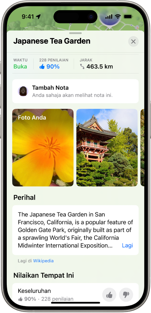 Kad tempat dengan penilaian keseluruhan untuk lokasi, foto dan butang untuk menilai tempat.