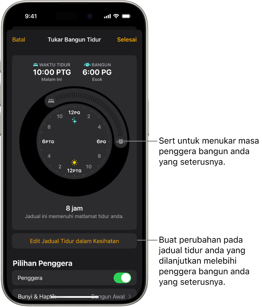 Skrin untuk menukar penggera bangun tidur anda yang seterusnya. Kedudukan butang penggera berdering mengesetkan masa penggera.