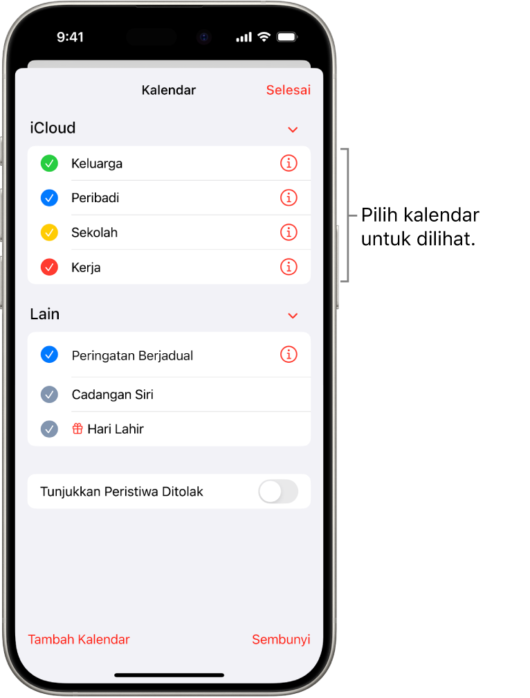 Senarai Kalendar dengan tanda semak menunjukkan kalendar yang aktif. Butang Selesai untuk menutup senarai berada di penjuru kanan atas.