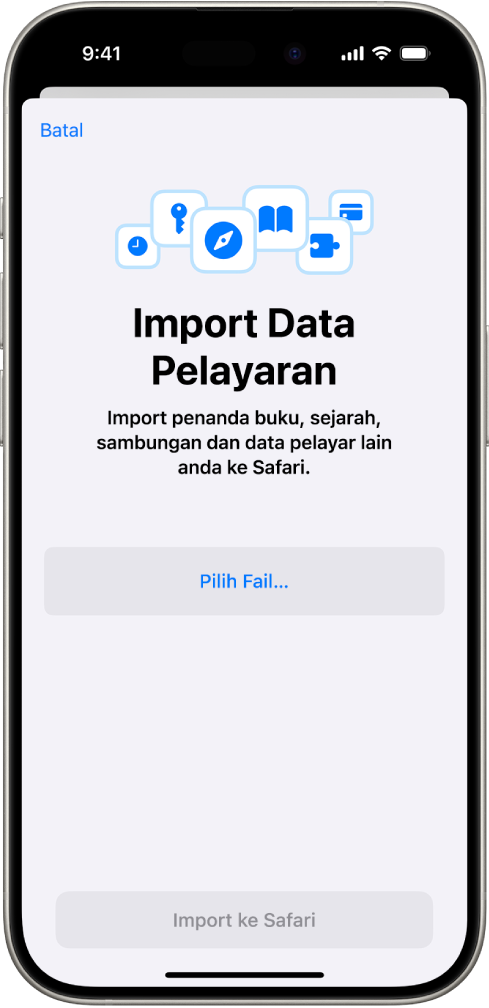 Skrin Import Data Pelayaran yang menunjukkan data daripada pelayar layan untuk diimport ke Safari.