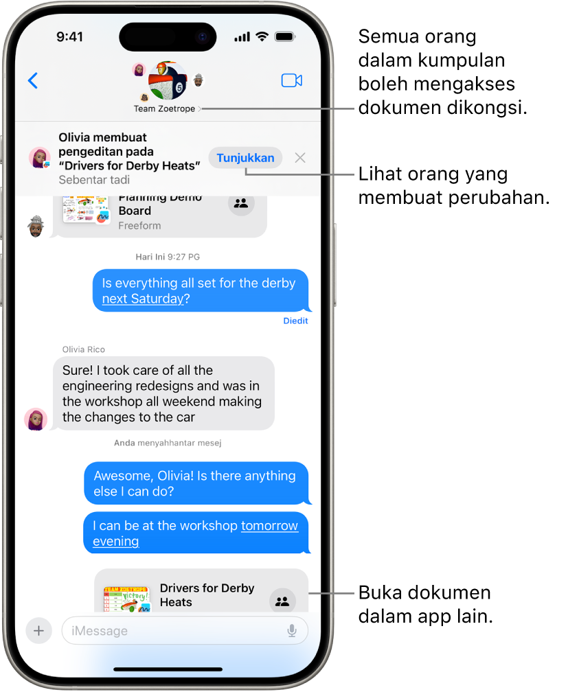 Perbualan kumpulan dalam Mesej termasuk jemputan kerjasama dan kemas kini di bahagian atas tetingkap perbualan.