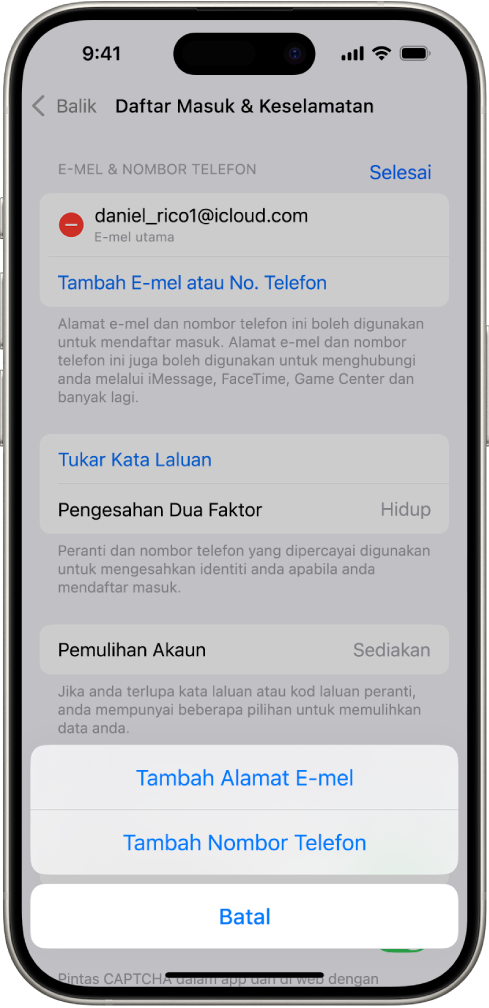 Skrin Daftar Masuk & Keselamatan dalam Seting.