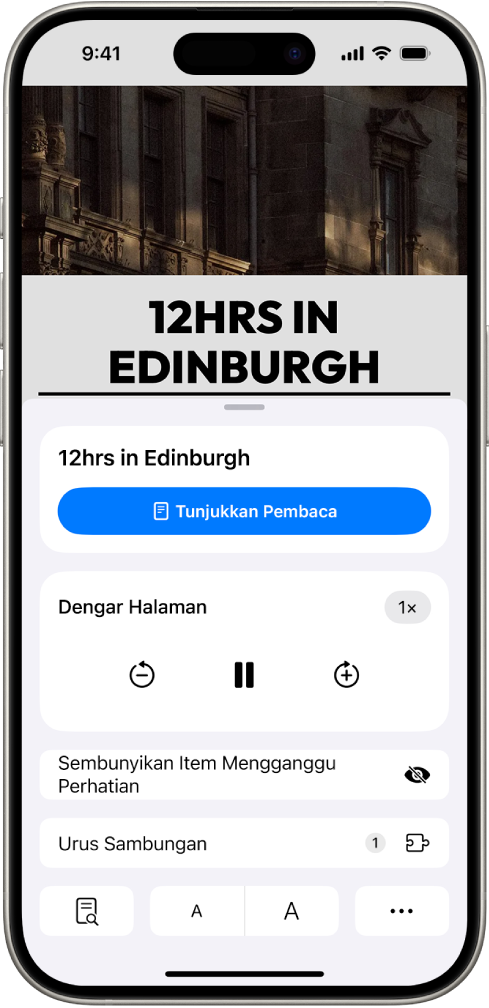 Tapak web dibuka dalam Safari. Butang Seting Halaman dipilih dan kawalan pendengaran dipaparkan.