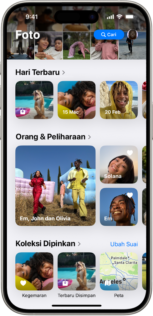 App Foto dibuka. Bahagian atas skrin menunjukkan pustaka foto dalam grid. Di bawahnya ialah Hari Terbaru, Orang & Peliharaan dan Koleksi Dipinkan.