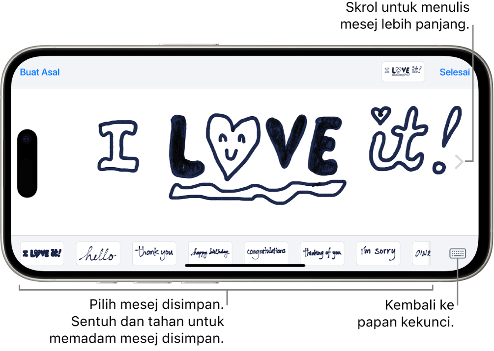 Kanvas untuk mengarang mesej tulisan tangan. Di sepanjang bahagian bawah, dari kiri ke kanan, ialah item tulisan tangan disimpan dan butang Papan Kekunci.