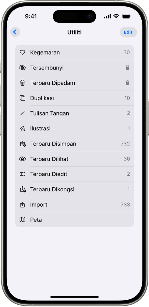 Dalam app Foto, koleksi Utiliti dibuka, menunjukkan senarai koleksi foto.