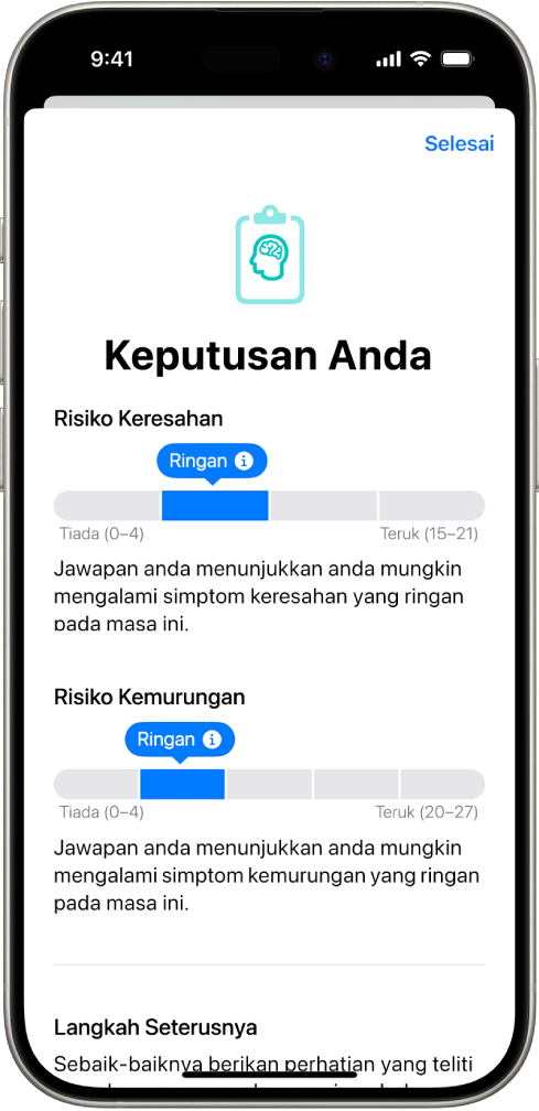 Skrin dalam app Kesihatan menunjukkan keputusan soal selidik kesihatan mental.