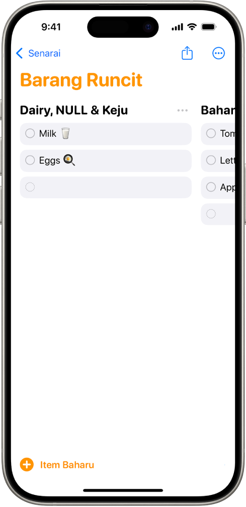 App Peringatan menunjukkan senarai barang runcit dengan kategori disusun sebagai lajur.