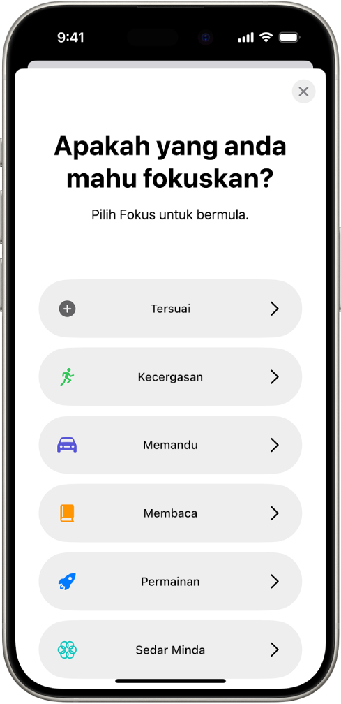 Skrin persediaan Fokus untuk pilihan Fokus tambahan yang disediakan, termasuk Tersuai, Memandu, Kecergasan, Permainan, Sedar Minda dan Membaca.