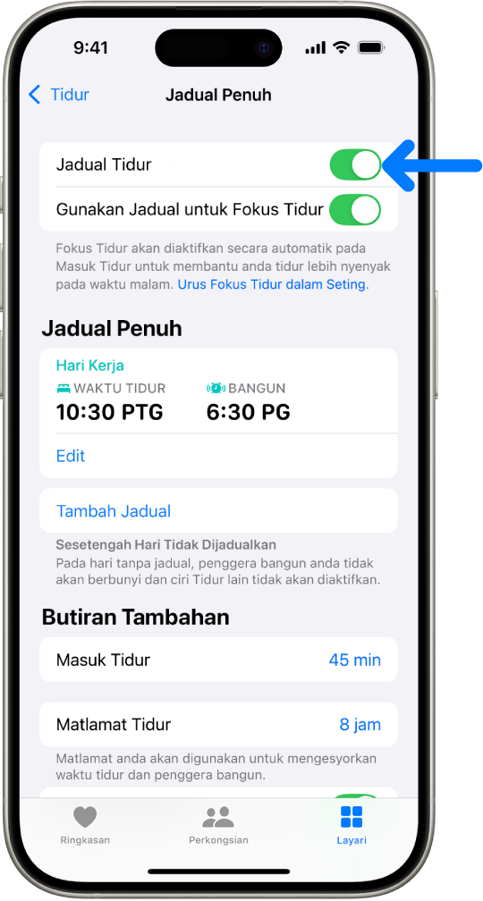 Skrin tidur Jadual Penuh dalam Kesihatan dengan Jadual Tidur diaktifkan di bahagian atas.
