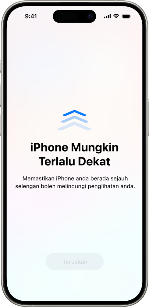 Skrin memberi amaran yang anda memegang iPhone terlalu dekat dan anda sepatutnya mengalihkannya lebih jauh untuk melindungi kesihatan penglihatan anda. Amaran meliputi skrin, menghentikan anda daripada meneruskan. Terdapat butang Teruskan yang menjadi aktif apabila anda mengalihkan iPhone anda ke jarak yang selamat.
