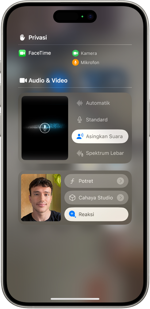 Seting Pusat Kawalan untuk panggilan FaceTime, menunjukkan seting audio Automatik, Standard, Pengasingan Suara dan Spektrum Lebar.