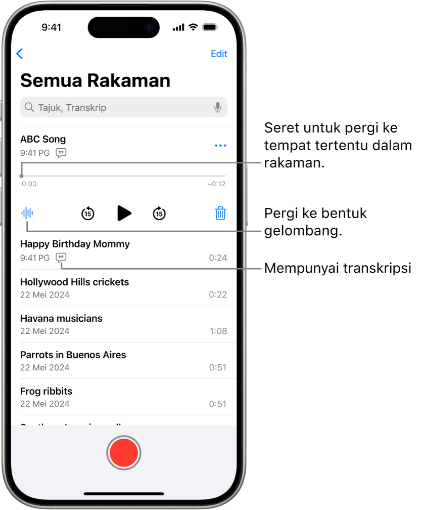 Skrin senarai Memo Suara dengan rakaman dipilih di bahagian atas. Garis masa rakaman mempunyai penunjuk main, yang anda boleh seret ke tempat khusus dalam rakaman. Kawalan main adalah di bawah garis masa.