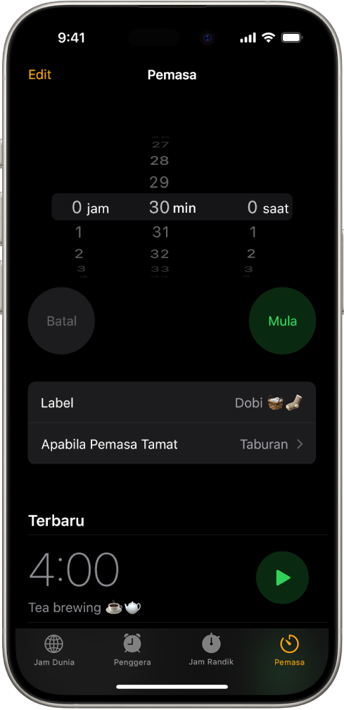 Skrin untuk menambah pemasa, dengan seting untuk mengeset pemasa dan butang untuk memulakan pemasa yang dicipta baru-baru ini.