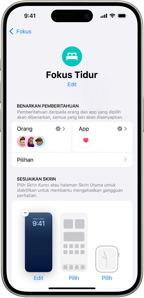 Skrin Fokus Tidur menunjukkan tiga orang dan satu app dibenarkan untuk menghantar pemberitahuan.