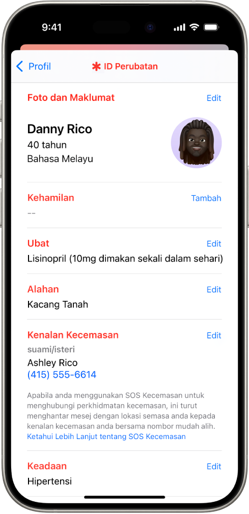 Skrin ID Perubatan mengandungi maklumat termasuk tarikh lahir, ubat, alergi, kenalan kecemasan dan keadaan perubatan.