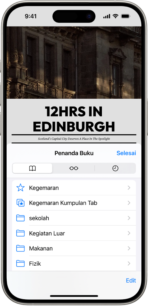 Skrin Penanda Buku dengan pilihan untuk melihat penanda buku anda, Senarai Bacaan dan sejarah pelayaran anda.
