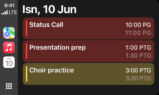 CarPlay menunjukkan Peta, Muzik dan Kalendar dalam Bar Sisi. Di sebelah kanan ialah peristiwa untuk hari Isnin, 5 Jun untuk sesi kerja portfolio, bengkel kemahiran kepimpinan, persediaan pembentangan dan latihan koir.