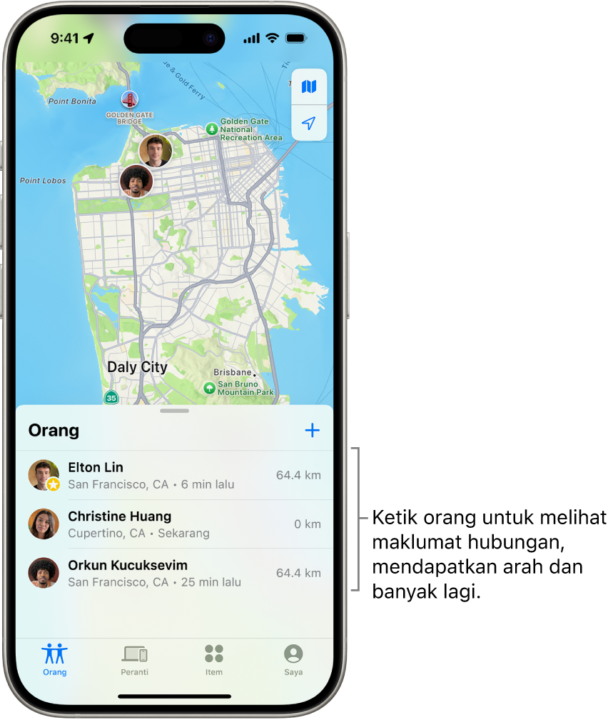 Skrin Cari terbuka pada senarai Orang. Terdapat empat orang dalam senarai: Olivia Rico, Dawn Ramirez, Ashley Rico dan Will Rico. Ketik butang Tambah di bahagian atas senarai Orang untuk berkongsi lokasi anda.