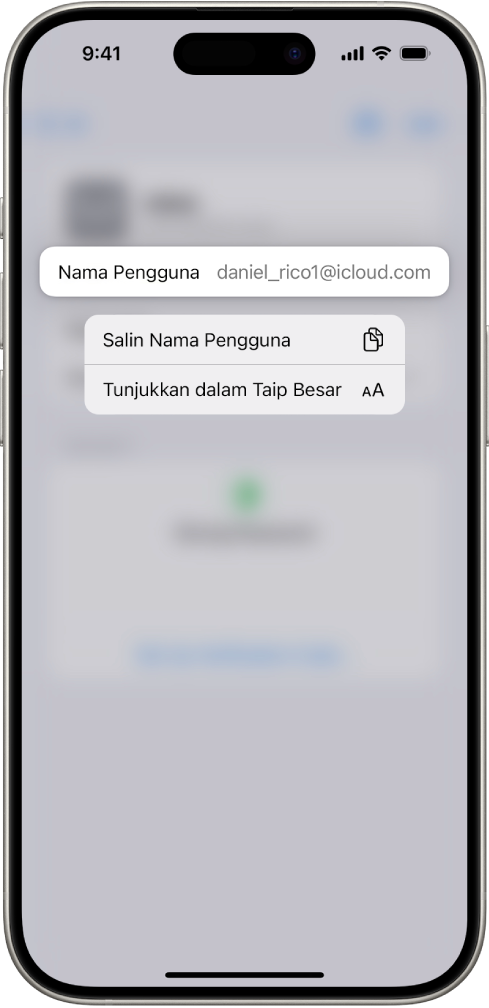 Skrin akaun menunjukkan nama pengguna yang diserlahkan dengan pilihan untuk Menyalin Nama Pengguna dan Tunjukkan dalam Taip Besar.