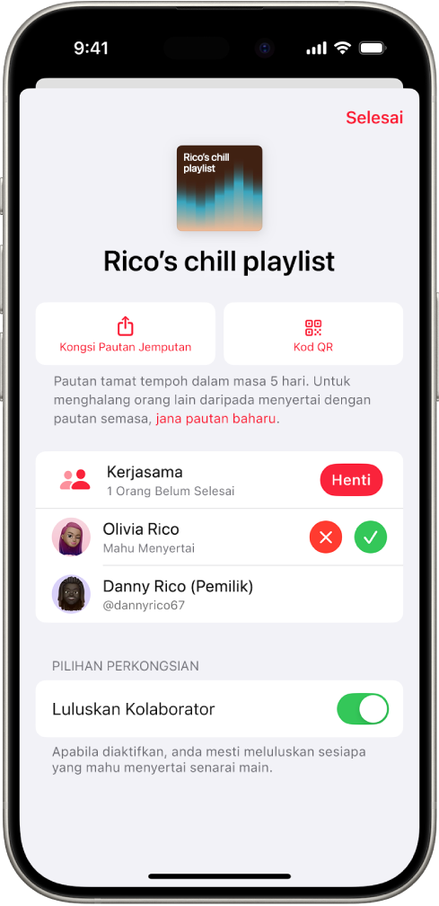 Skrin Urus Kerjasama dalam app Muzik.