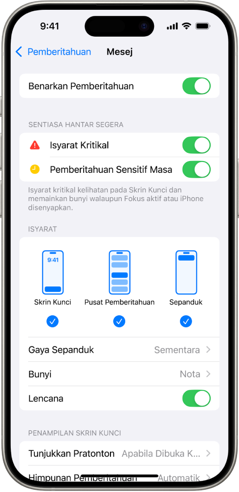 iPhone dengan seting Mesej untuk pemberitahuan dan gerak isyarat.