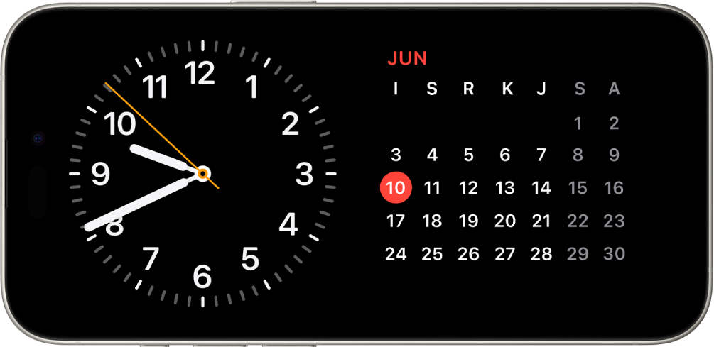 iPhone diletakkan secara mendatar. Bahagian kiri skrin memaparkan jam dan bahagian kanan skrin memaparkan tarikh.