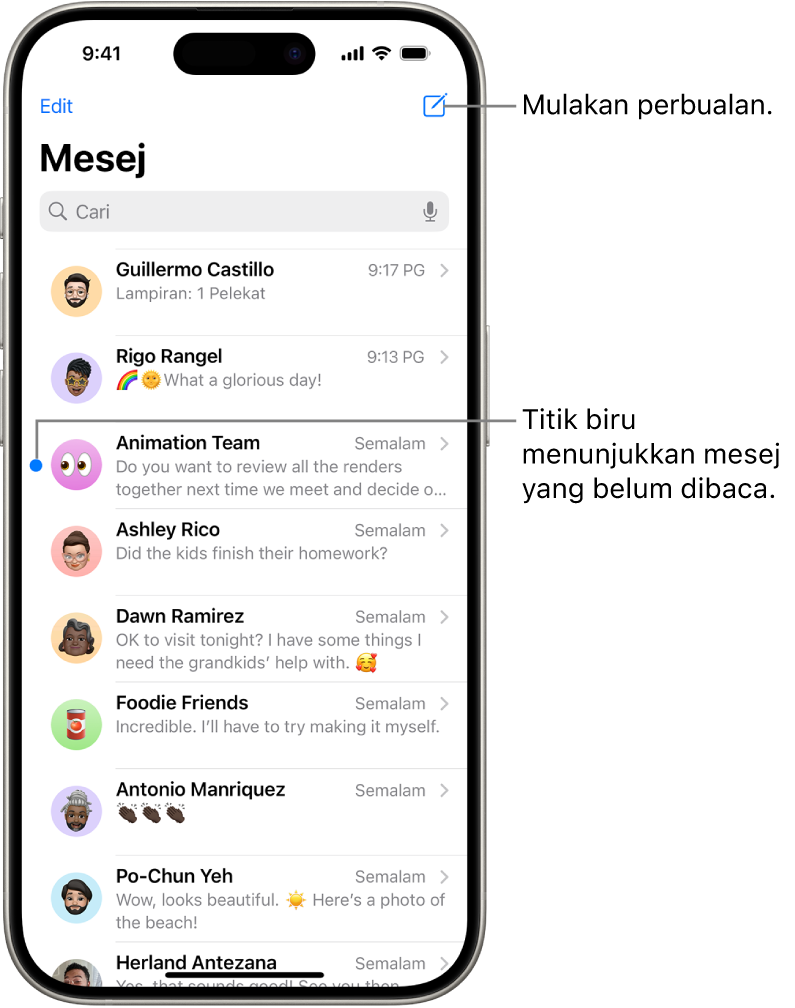 Senarai perbualan Mesej dengan butang Karang di bahagian kanan atas. Titik biru bersebelahan mesej menandakan ianya belum dibaca.