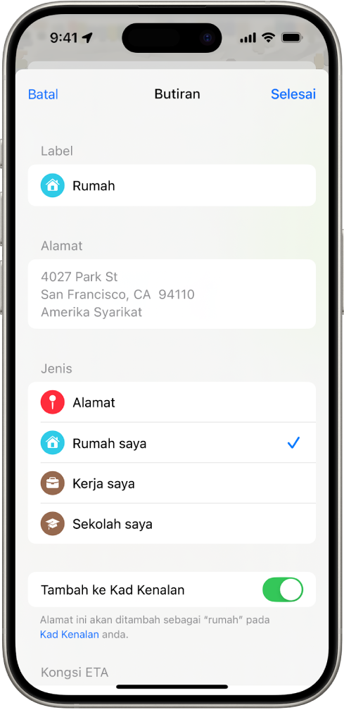 App Peta menunjukkan skrin Butiran dengan pilihan untuk mengesetkan alamat sebagai rumah, kerja atau sekolah