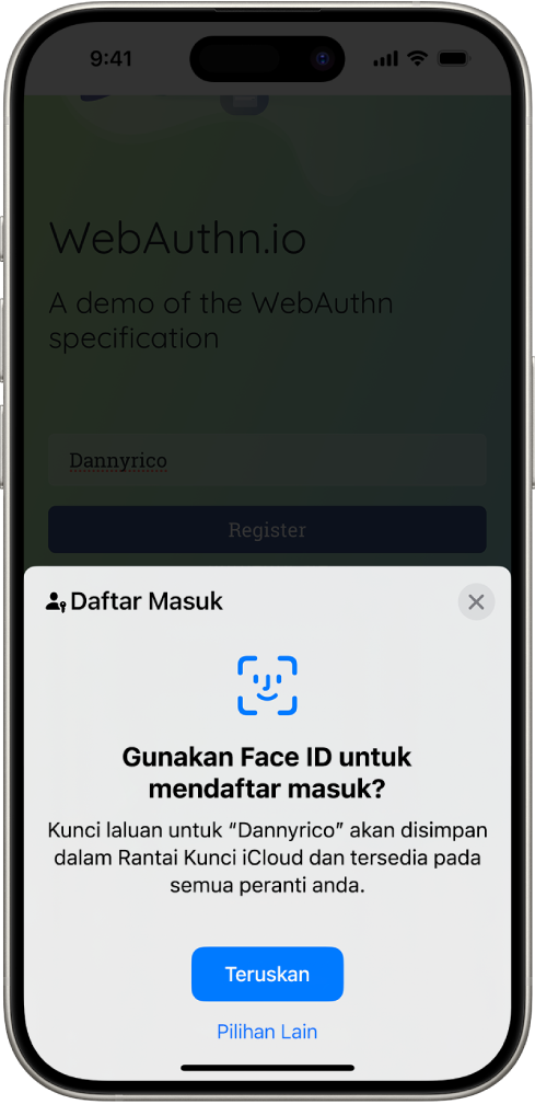 Separuh bawah skrin iPhone memberikan pilihan untuk menggunakan kunci laluan bagi mendaftar masuk ke tapak web. Ia mempunyai butang Teruskan bagi menyimpan kunci laluan dan butang Pilihan Lain.