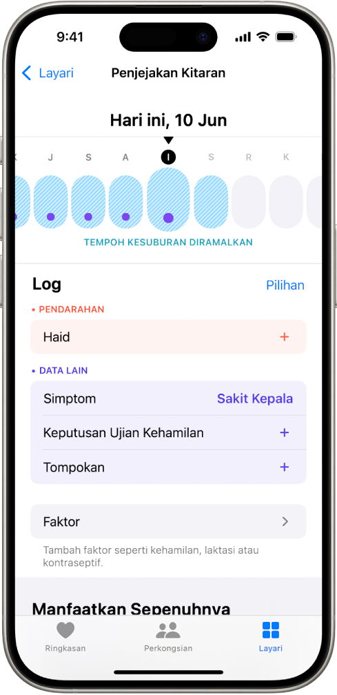Skrin Penjejakan Kitaran dengan garis masa berdekatan bahagian atas menunjukkan anggaran tempoh kesuburan. Di bawah garis masa ialah pilihan untuk menambah maklumat tentang haid, simptom dan banyak lagi.