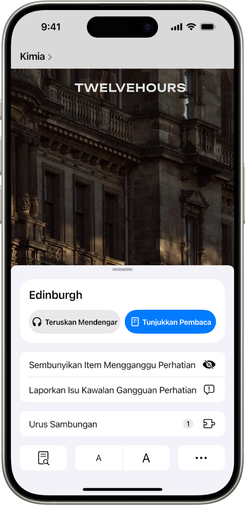 Dalam Safari, butang Seting Halaman pada tapak web telah diketik, mendedahkan pilihan termasuk Sembunyikan Item Mengganggu Perhatian.