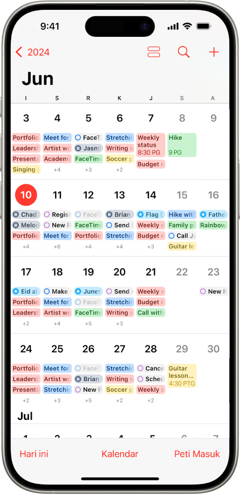 Kalendar dalam paparan Bulan menunjukkan peristiwa dan peringatan.